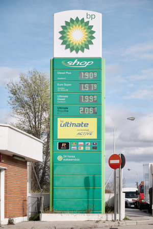 Madrid, Spain. March 12, 2022: BP British Petroleum totem showing fuel prices at a gas station.のeditorial素材