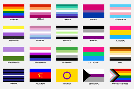 LGBT sexual identity pride flags collection. Rainbow lesbian gay bisexual transgender non binaryのイラスト素材