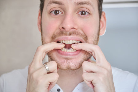 Close up of young latin man adjusting orthodontic silicone trainer. Mobile orthodontic appliance for...