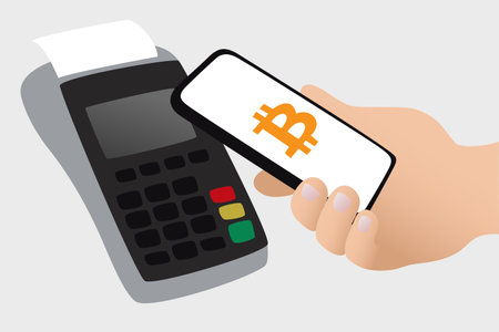 Illustration of a person hand paying with the smartphone using bitcoins. Cryptocurrency payment.のイラスト素材
