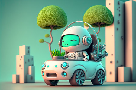 Cute robot driving an electric car created using Generative AI technology.の素材