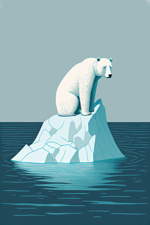 Polar bear on melting ice floe created using Generative AI technology. Climate change.の写真素材