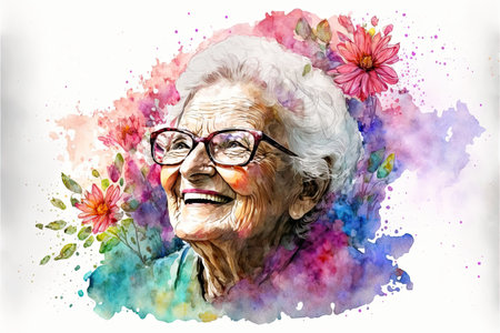 Old happy caucasian woman with flowers watercolor painting style created using Generative AI technology.の写真素材