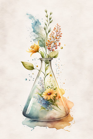 Erlenmeyer flask with flowers in it watercolor illustration created using Generative AI. Laboratory, science, research concepts.の写真素材