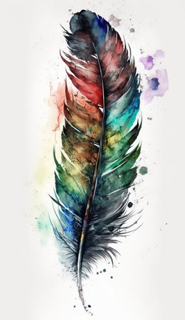 Colorful watercolor bird feather created using Generative AI.の写真素材