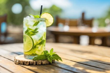 A cocktail on a wood table in a blurred beach bar created using Generative AI.の写真素材