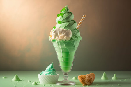 Mint ice cream sundae over brown background created using Generative AI.