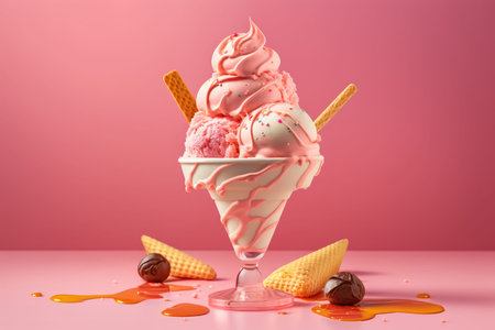 Strawberry ice cream sundae over pink background created using Generative AI.