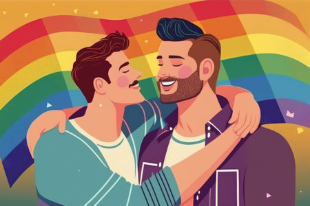 Illustration of happy gay couple with lgbt flag created using Generative AI.の写真素材