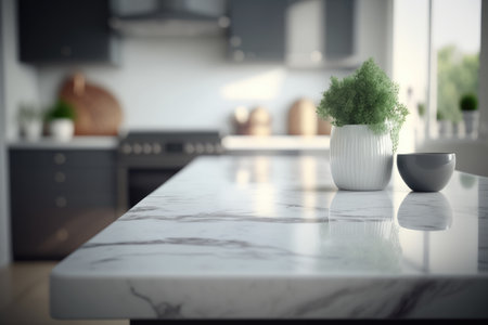 Marble table top on blur kitchen background created using Generative AI. Product display.の素材