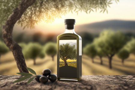 Olive oil bottle mockup in a blurred olive tree field created using Generative AI.の素材