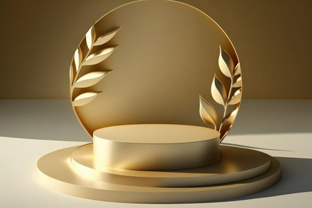 Round gold metal podium with leaves for product display created using Generative AI.の素材
