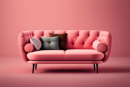 Modern pink sofa with cushions over pink background created using Generative AI.の素材