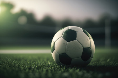 Traditional soccer ball on soccer field created using Generative AI.の素材