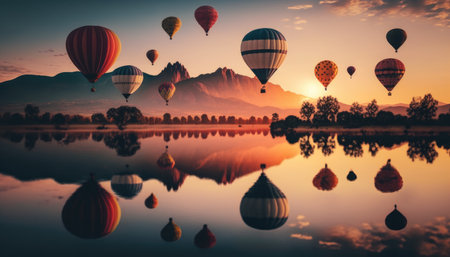 Hot air balloon festival in a lake during sunset landscape created using Generative AI.の素材