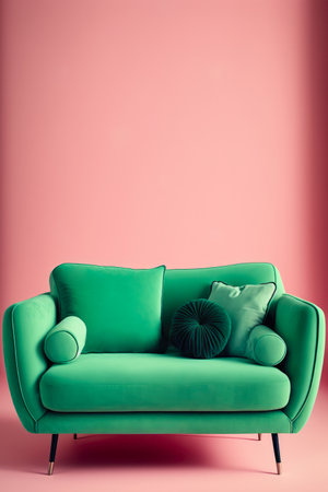 Modern green sofa with cushions over pink background created using Generative AI.の素材