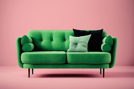 Modern green sofa with cushions over pink background created using Generative AI.の素材