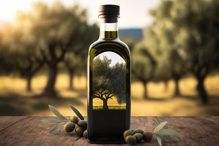 Olive oil bottle mockup in a blurred olive tree field created using Generative AI.の素材
