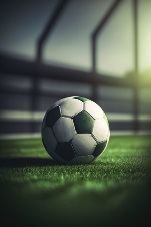 Traditional soccer ball on soccer field created using Generative AI.の素材