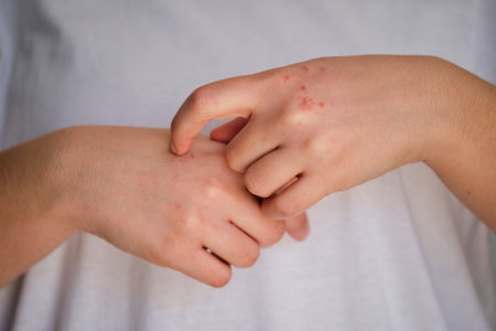Woman scratching itchy eczema on her hand. Dermatitis, allergy, psoriasis concept.の写真素材