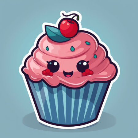 Cherry cupcake sticker over blue background created with Generative AI.の素材
