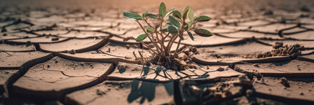 Little plant on crack dry ground, drought created with Generative AI.の素材