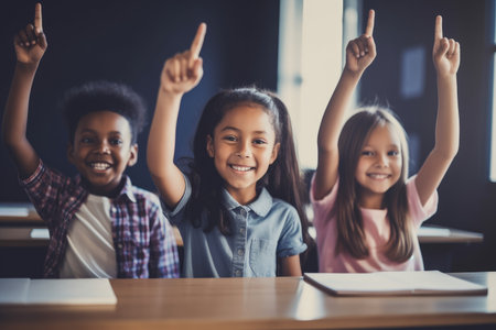 Multicultural happy students rising hands in class. Generative AI.の素材