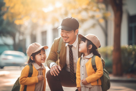 Smiling asian father taking his daughters to school. Generative AI.