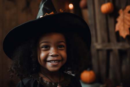 Happy african girl in witch costume for Halloween. Generative AI.の素材