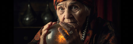 Old lady fortuneteller with crystal ball. Generative AI.の素材