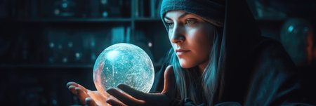Young fortuneteller with crystal ball. Generative AI.の素材