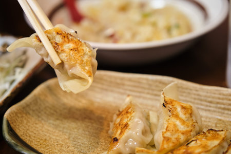 Japanese fried gyoza or dumplings, in a restaurant in Kyoto, Japan.の写真素材