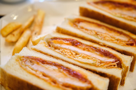 Katsu sando japanese sandwich with breaded pork chop, cabbage and tonkatsu sauce in a cafeteria.の写真素材
