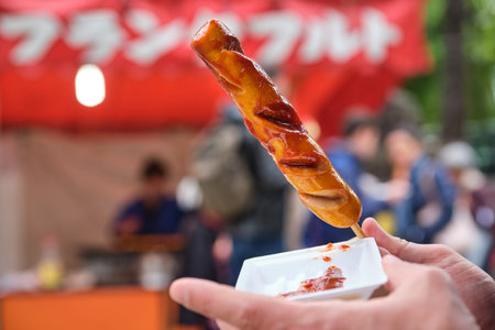 Person holding a Fried Sausage Stick street food at a flea market in Kyoto, Japan.の写真素材