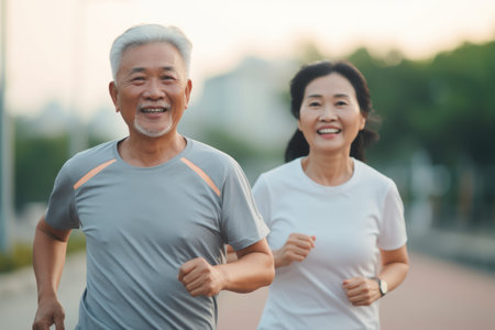 Cheerful active senior couple jogging at street. Generative AI.の素材
