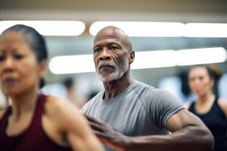 Group of seniors exercising at retirement centre. Generative AI.の素材
