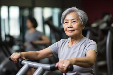 Senior asian fit woman exercising in gym to stay healthy. Generative AI.の素材