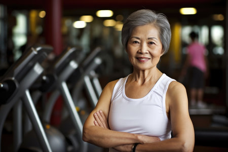 Portrait of smiling senior asian fit woman in gym. Generative AI.の素材