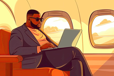African businessman work in airplane illustration made with Generative AI.の素材