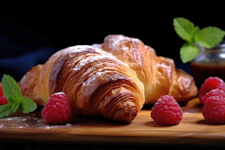 Croissant with raspberries made with Generative AI.の素材