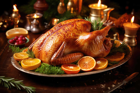 Traditional roasted turkey for Christmas or Thanksgiving created with Generative AI.の素材
