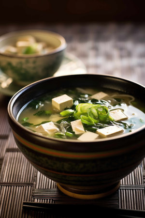 Miso soup with tofu, scallion and seaweed created with Generative AI.の素材