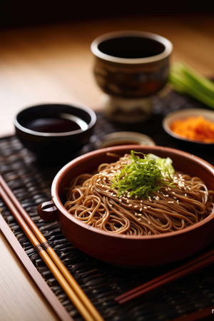 Zaru soba buckwheat noodles with dipping sauce, traditional Japanese food. Generative AI.の素材