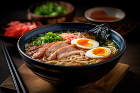 Japanese ramen noodles soup with pork, egg, scallion and seaweed created with Generative AI.の素材