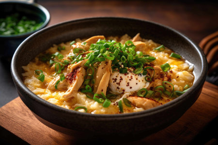 Oyakodon, bowl of rice topped with chicken and egg created with Generative AI.の素材