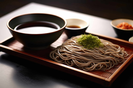 Zaru soba buckwheat noodles with dipping sauce, traditional Japanese food. Generative AI.の素材