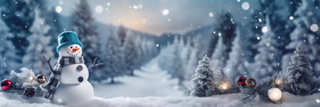 Christmas background with a snowman and copy space. Xmas trees, snow, decorative balls, holiday festive background. Generative AI.の素材