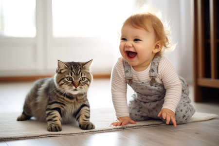 Baby laughing at home with a cat made with Generative AI.の素材
