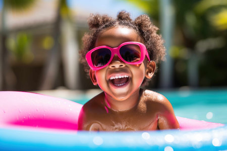 African baby with sunglasses and float at a swimming pool made with Generative AI.の素材