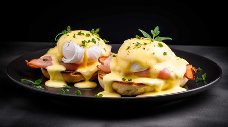 Eggs Benedict on dark background created with Generative AI.の素材